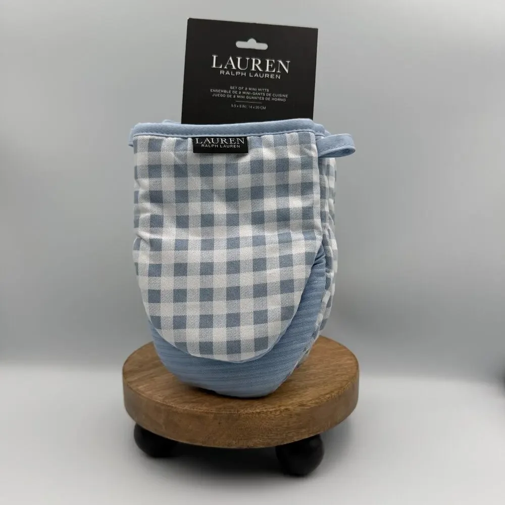 Lauren Ralph Lauren Set of 2 Mini Mitts Oven Mitt Light Blue White Gingham NWT